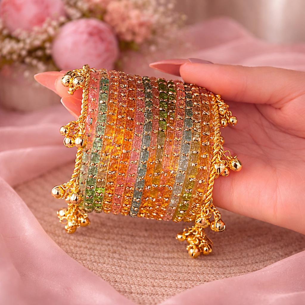 Rainbow Kashmiri Ghungroo Bangles Set | Ghungroo Gold Bangles |  Multicolor Glass Bridal Churiya | Trending Bangles With Rose Pattern