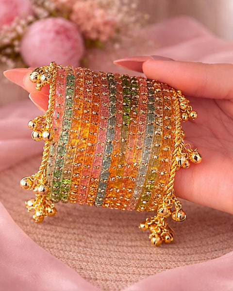 Rainbow Kashmiri Ghungroo Bangles Set | Ghungroo Gold Bangles |  Multicolor Glass Bridal Churiya | Trending Bangles With Rose Pattern