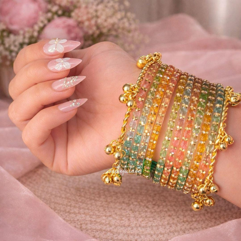 Rainbow Kashmiri Ghungroo Bangles Set | Ghungroo Gold Bangles |  Multicolor Glass Bridal Churiya | Trending Bangles With Rose Pattern