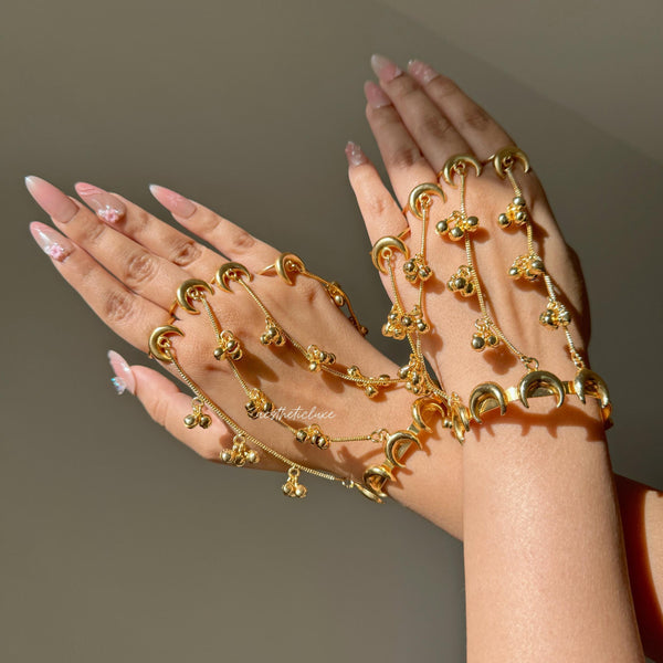 Chand Haathphool | Gold Plated Ghungroo Panja Link Bracelet with Rings | Bridal Moon Hathphool Pair