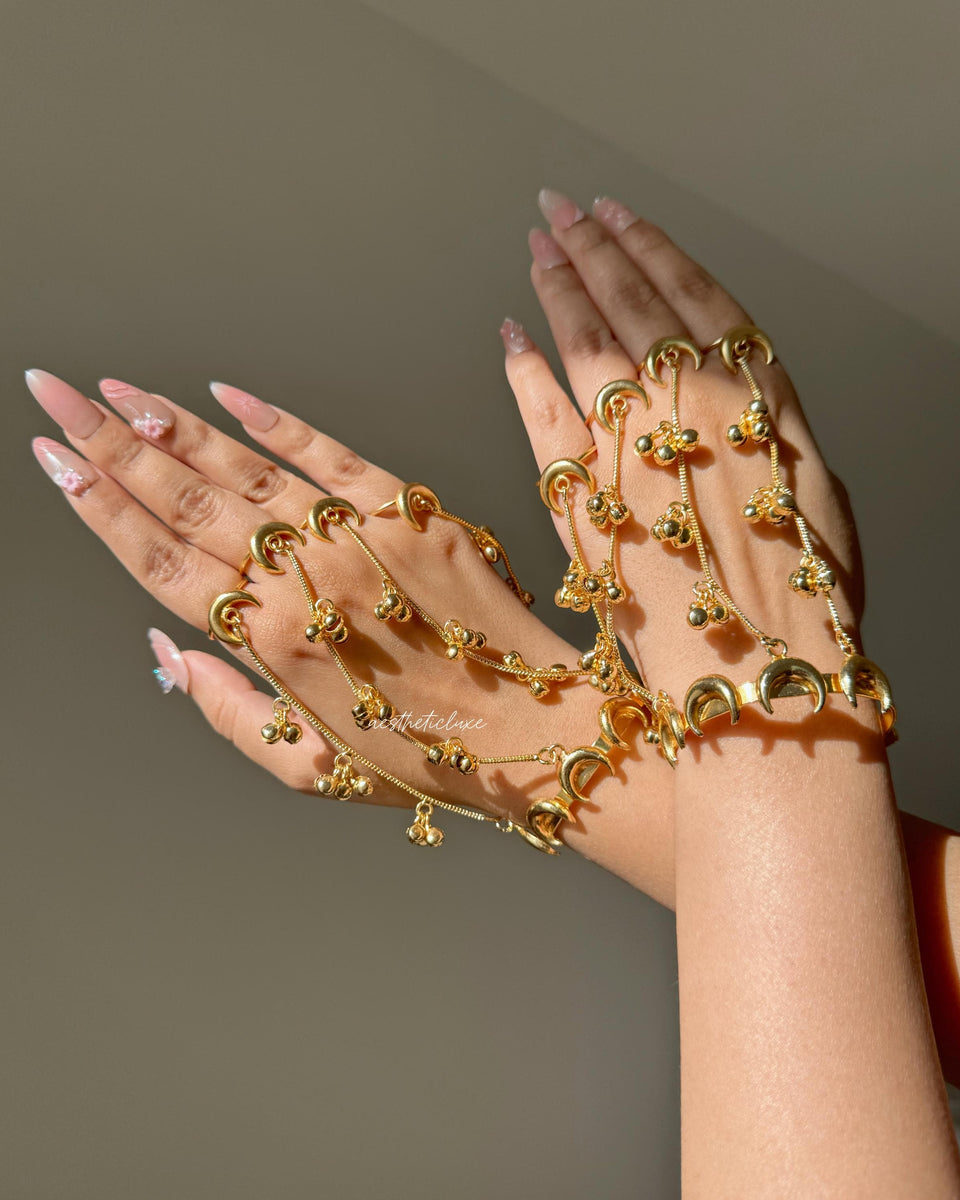 Chand Haathphool | Gold Plated Ghungroo Panja Link Bracelet with Rings | Bridal Moon Hathphool Pair