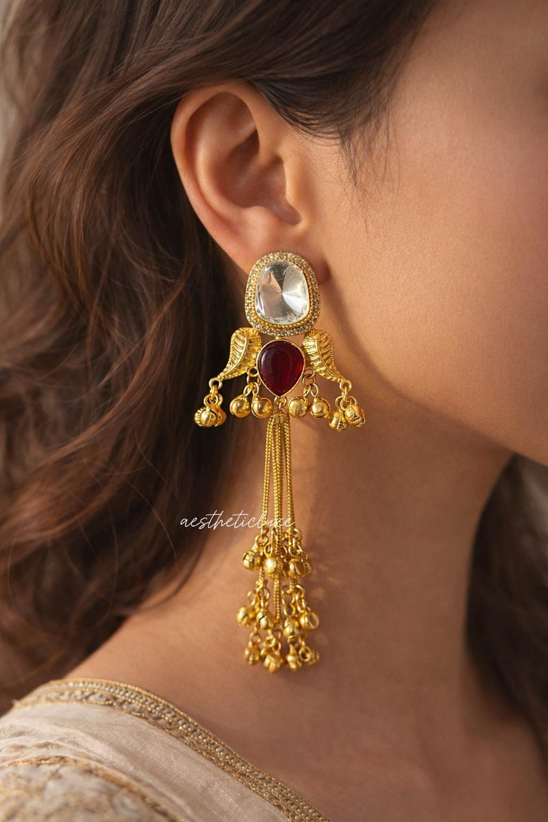 Kashmiri Red Ruby Earrings | Gold-Tone Kundan Indian Bridal Polki Jewelry