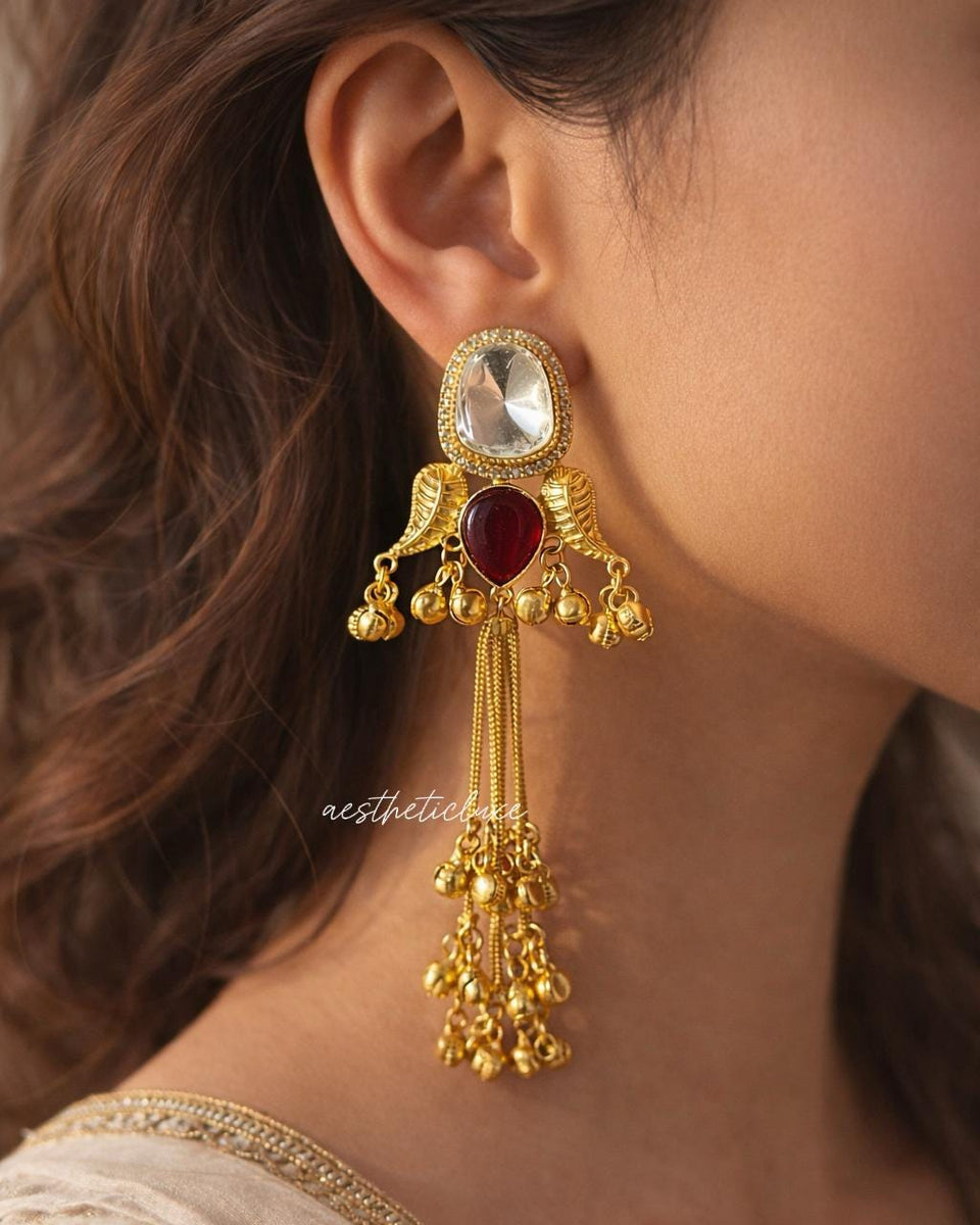 Kashmiri Red Ruby Earrings | Gold-Tone Kundan Indian Bridal Polki Jewelry