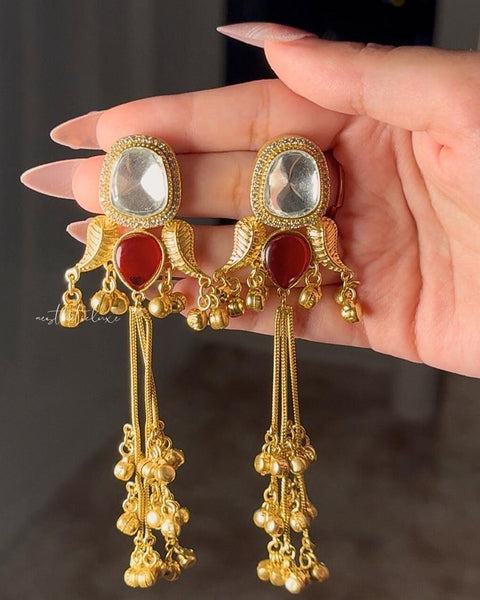 Kashmiri Red Ruby Earrings | Gold-Tone Kundan Indian Bridal Polki Jewelry