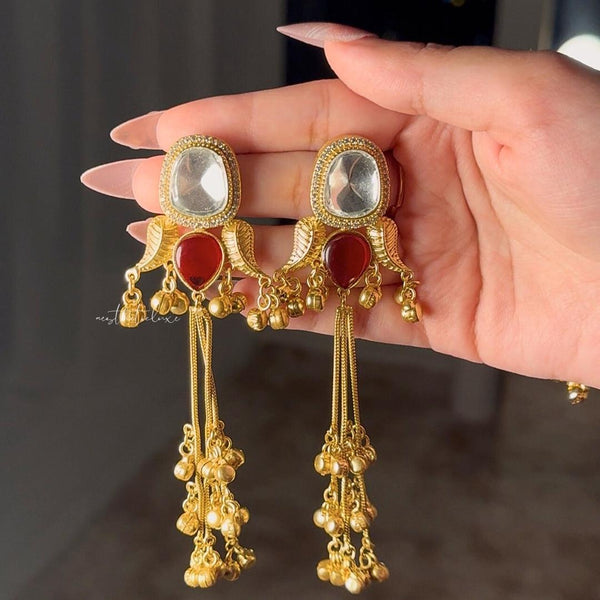 Kashmiri Red Ruby Earrings | Gold-Tone Kundan Indian Bridal Polki Jewelry