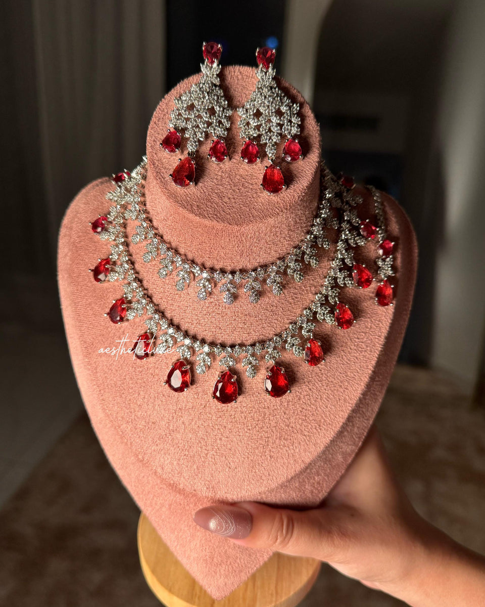 Tara Sutaria Inspired Ruby American Diamond Double Layer Necklace Set with Earrings and Tikka | CZ AD Red Bridal Wedding Engagement Jewelry