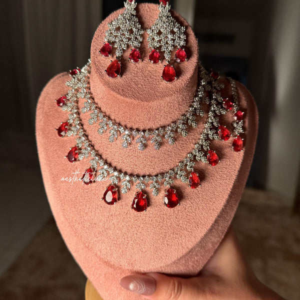 Tara Sutaria Inspired Ruby American Diamond Double Layer Necklace Set with Earrings and Tikka | CZ AD Red Bridal Wedding Engagement Jewelry