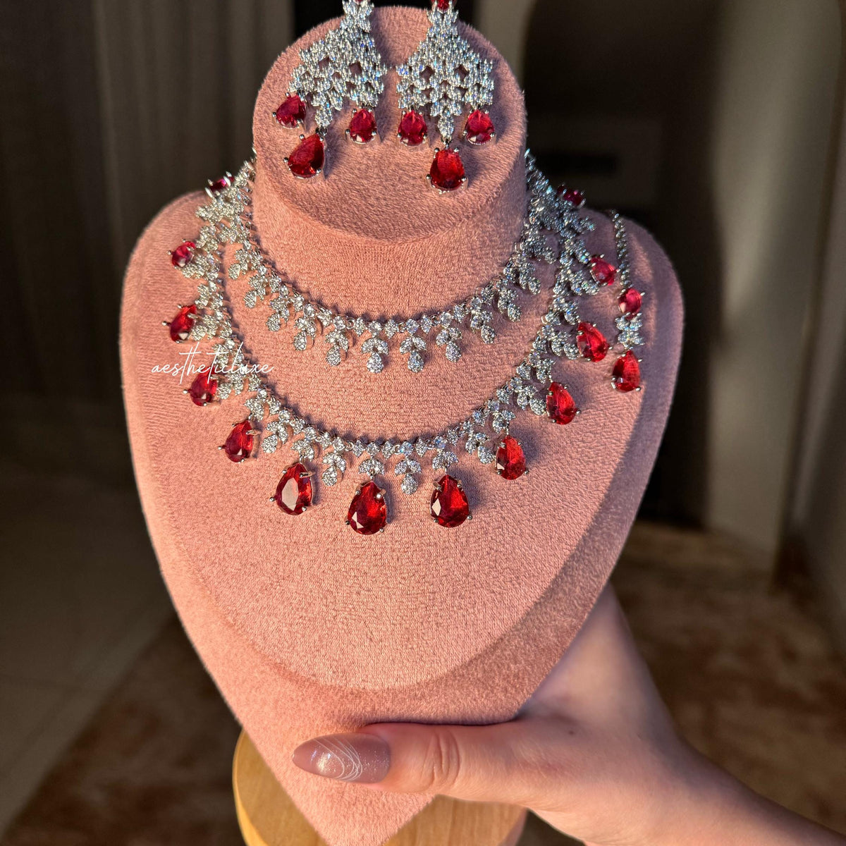 Tara Sutaria Inspired Ruby American Diamond Double Layer Necklace Set with Earrings and Tikka | CZ AD Red Bridal Wedding Engagement Jewelry