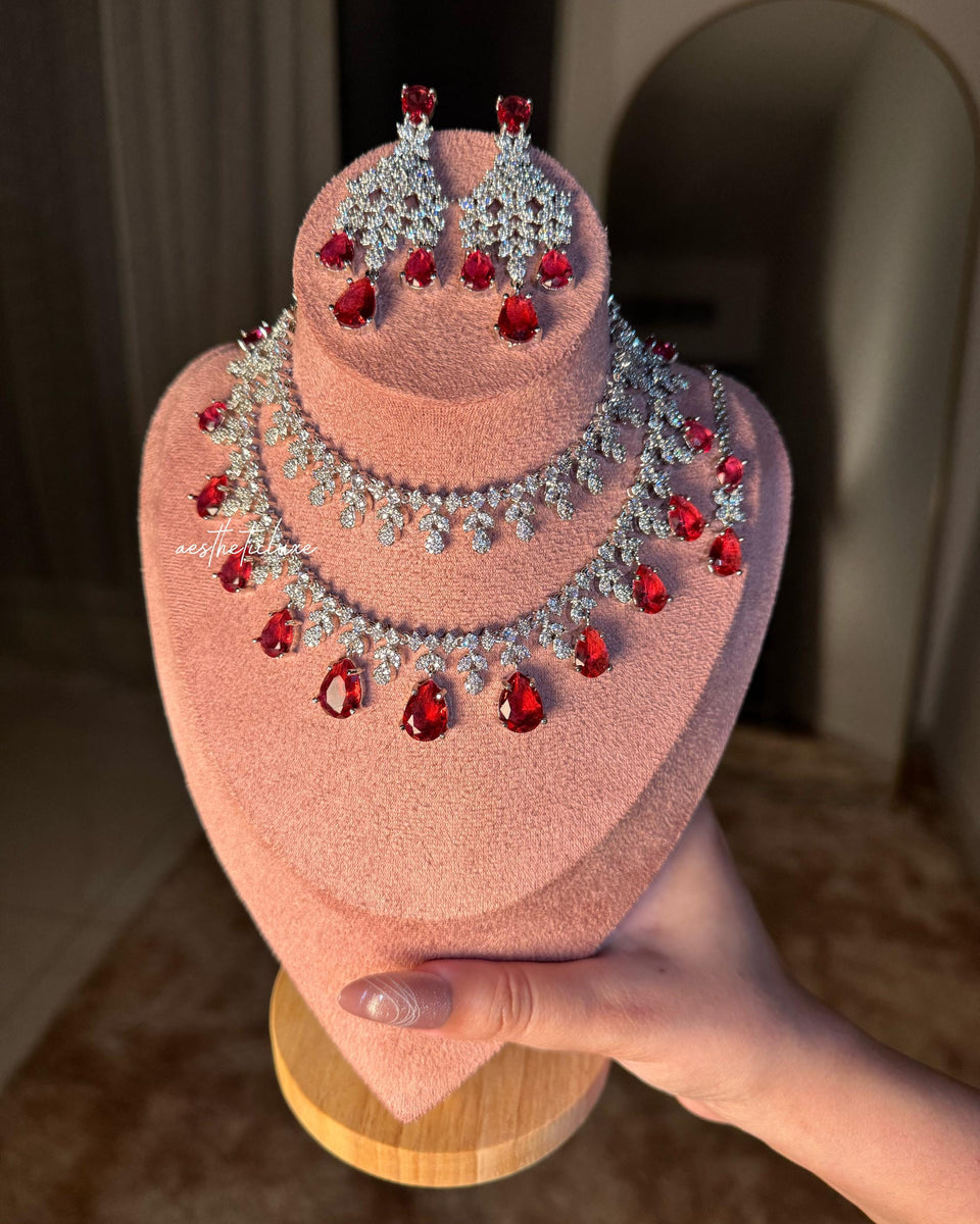 Tara Sutaria Inspired Ruby American Diamond Double Layer Necklace Set with Earrings and Tikka | CZ AD Red Bridal Wedding Engagement Jewelry