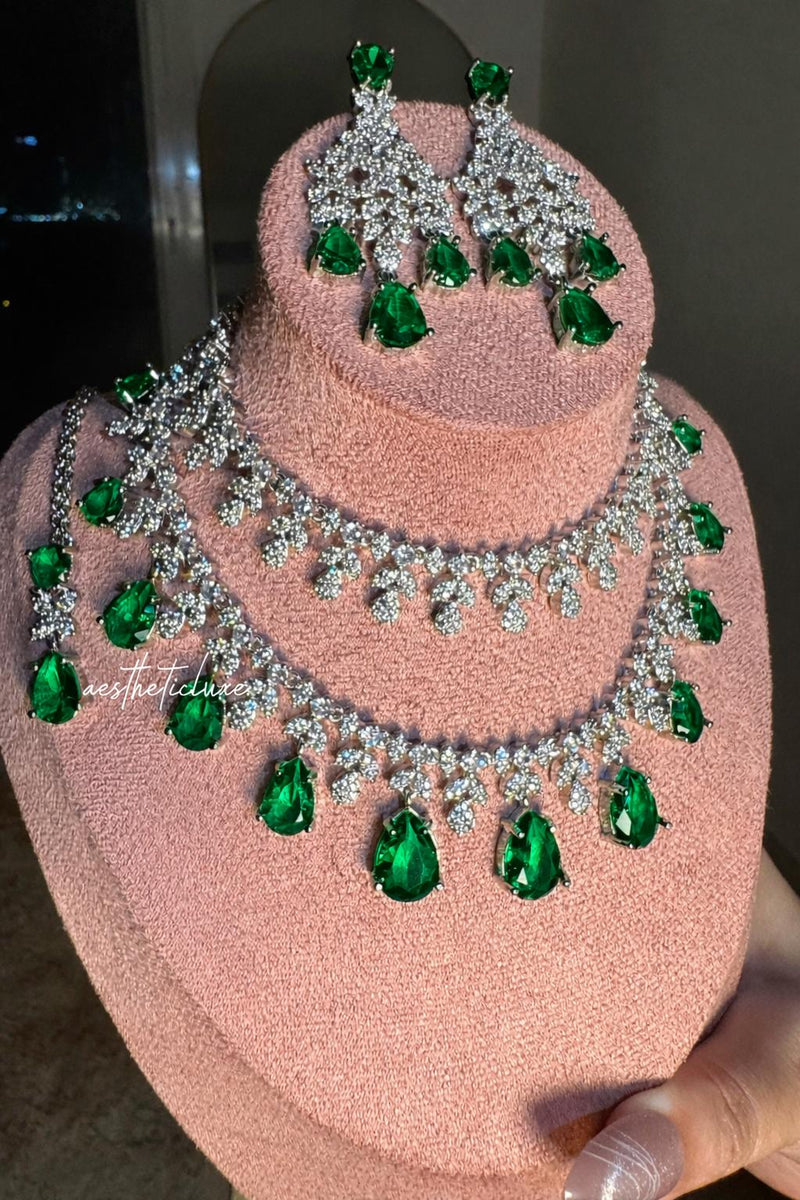 Tara Sutaria Inspired Emerald American Diamond 2 Layer Necklace Set with Earrings and Tikka | CZ AD Green Bridal Wedding Engagement Jewelry