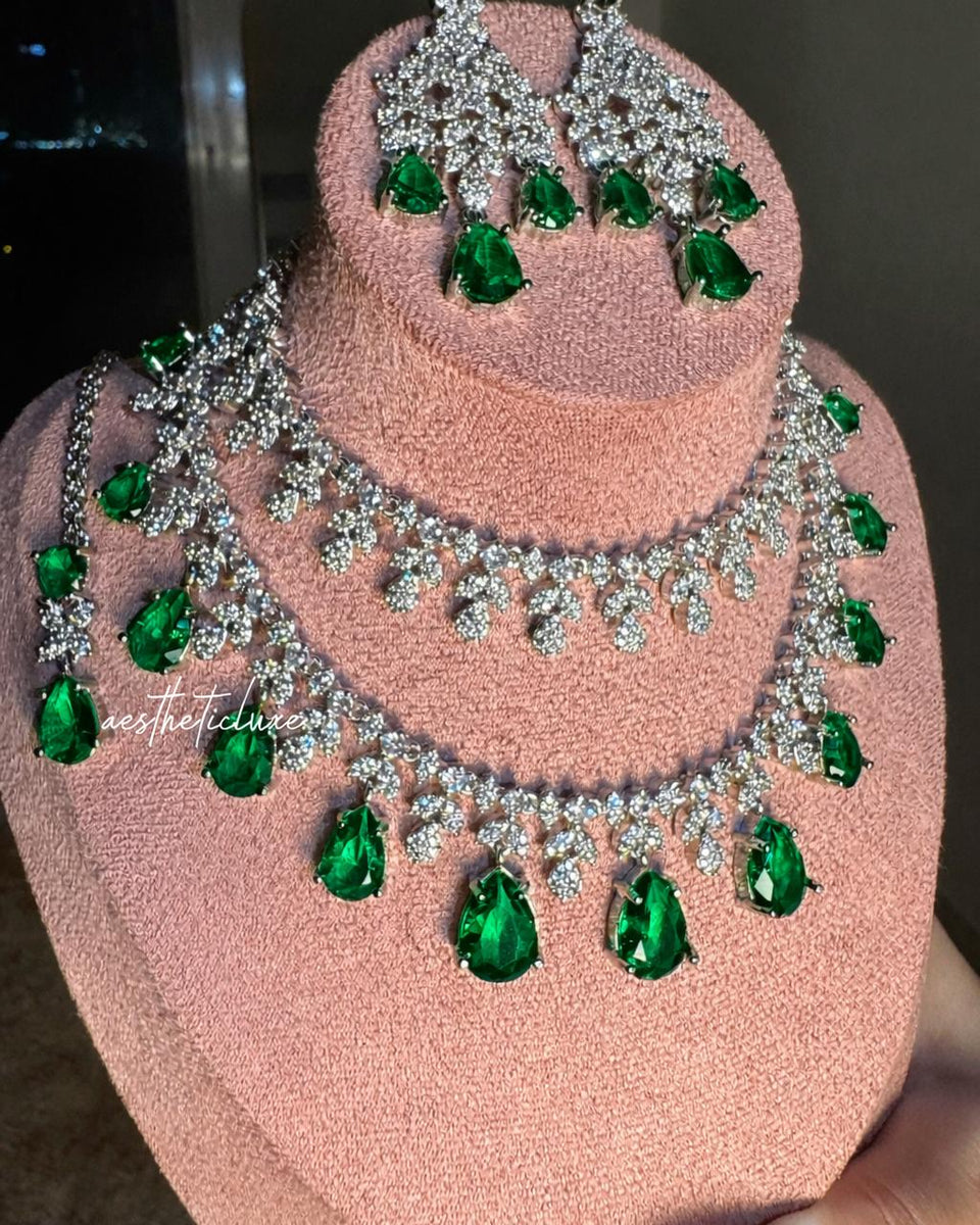 Tara Sutaria Inspired Emerald American Diamond 2 Layer Necklace Set with Earrings and Tikka | CZ AD Green Bridal Wedding Engagement Jewelry