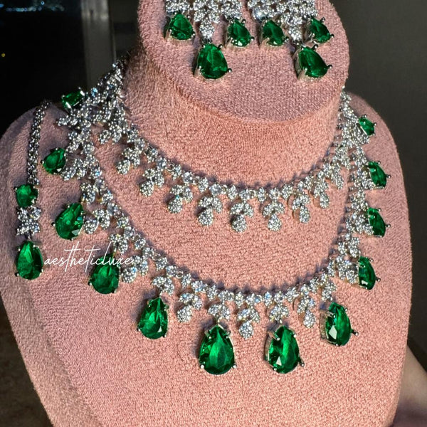 Tara Sutaria Inspired Emerald American Diamond 2 Layer Necklace Set with Earrings and Tikka | CZ AD Green Bridal Wedding Engagement Jewelry