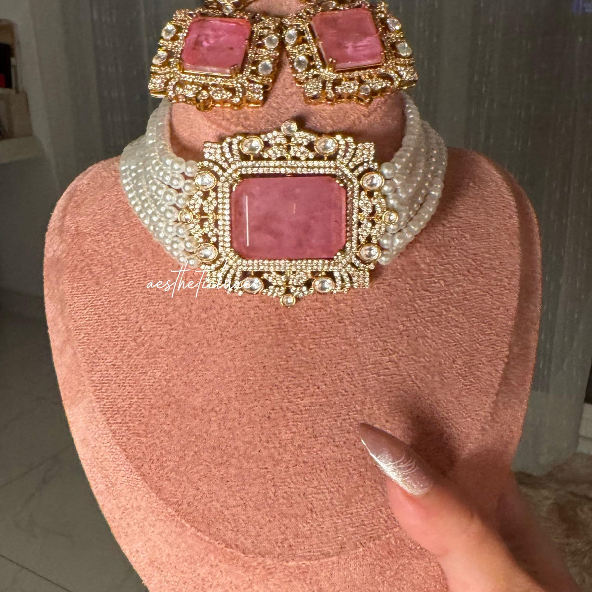 Tyaani Style Pink Doublet Stone Pearl Choker Set | Gold Plated Polki CZ Bridal Necklace with Earrings | Luxury Wedding Statement Jewelry