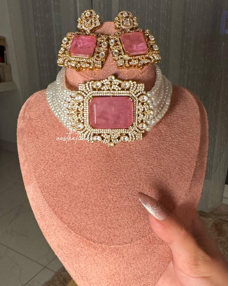 Tyaani Style Pink Doublet Stone Pearl Choker Set | Gold Plated Polki CZ Bridal Necklace with Earrings | Luxury Wedding Statement Jewelry