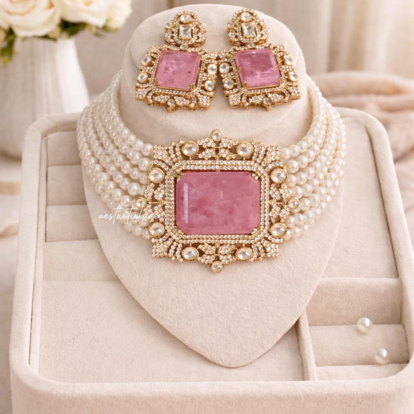 Tyaani Style Pink Doublet Stone Pearl Choker Set | Gold Plated Polki CZ Bridal Necklace with Earrings | Luxury Wedding Statement Jewelry