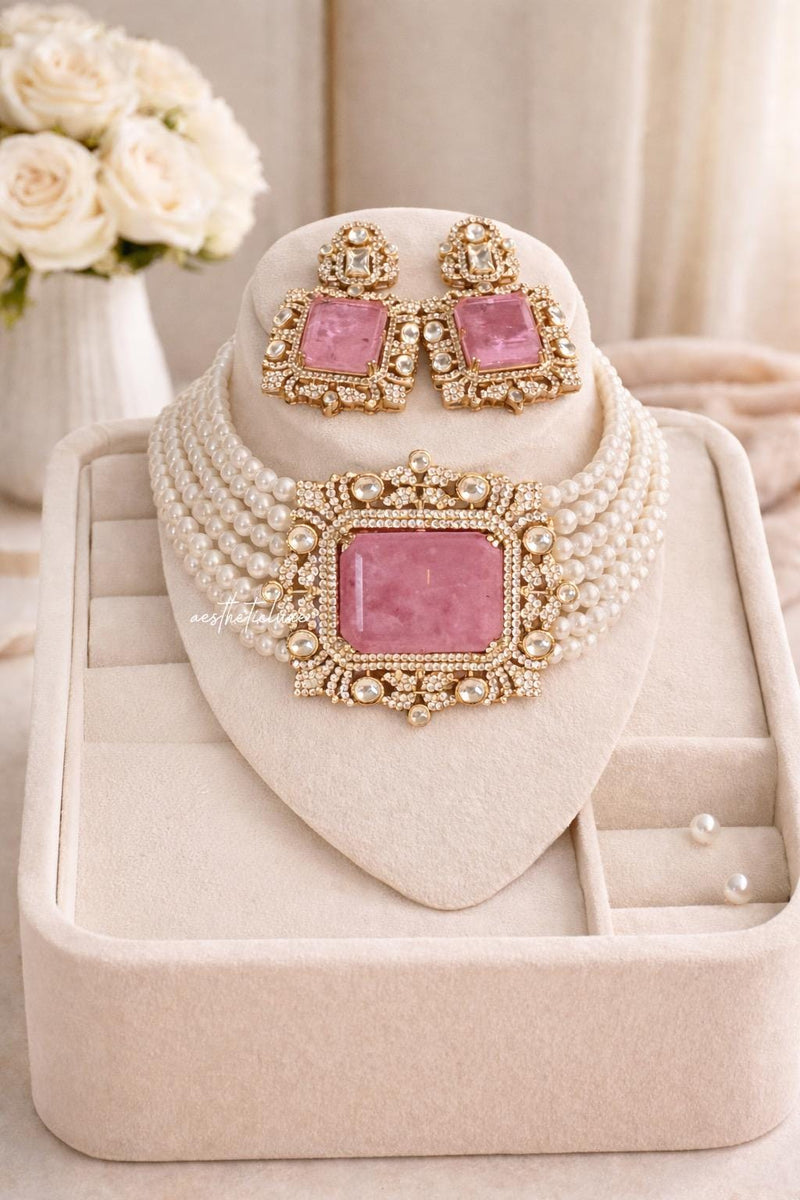 Tyaani Style Pink Doublet Stone Pearl Choker Set | Gold Plated Polki CZ Bridal Necklace with Earrings | Luxury Wedding Statement Jewelry