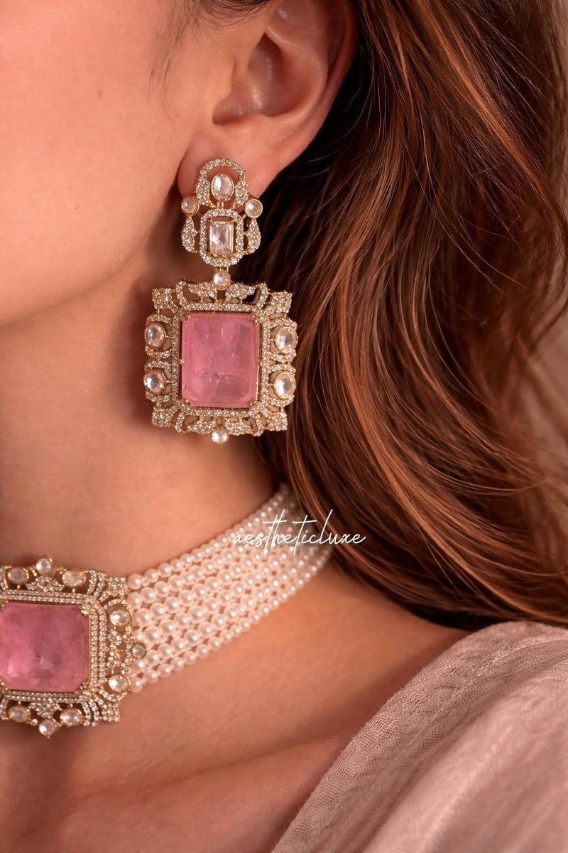 Tyaani Style Pink Doublet Stone Pearl Choker Set | Gold Plated Polki CZ Bridal Necklace with Earrings | Luxury Wedding Statement Jewelry