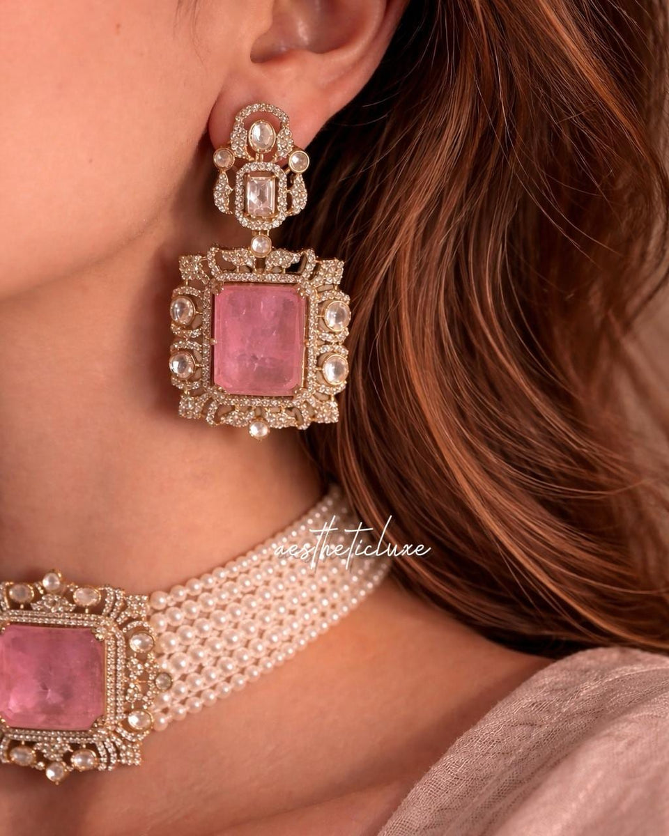 Tyaani Style Pink Doublet Stone Pearl Choker Set | Gold Plated Polki CZ Bridal Necklace with Earrings | Luxury Wedding Statement Jewelry
