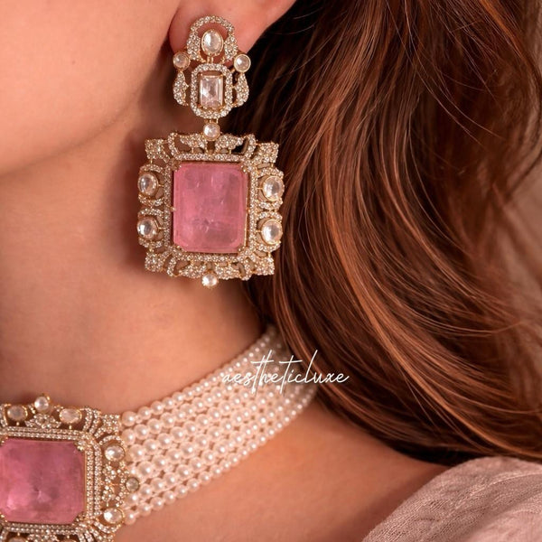 Tyaani Style Pink Doublet Stone Pearl Choker Set | Gold Plated Polki CZ Bridal Necklace with Earrings | Luxury Wedding Statement Jewelry