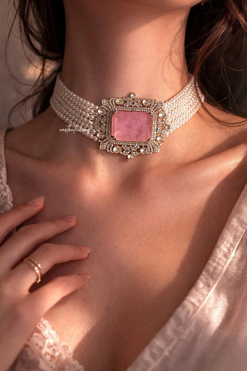 Tyaani Style Pink Doublet Stone Pearl Choker Set | Gold Plated Polki CZ Bridal Necklace with Earrings | Luxury Wedding Statement Jewelry