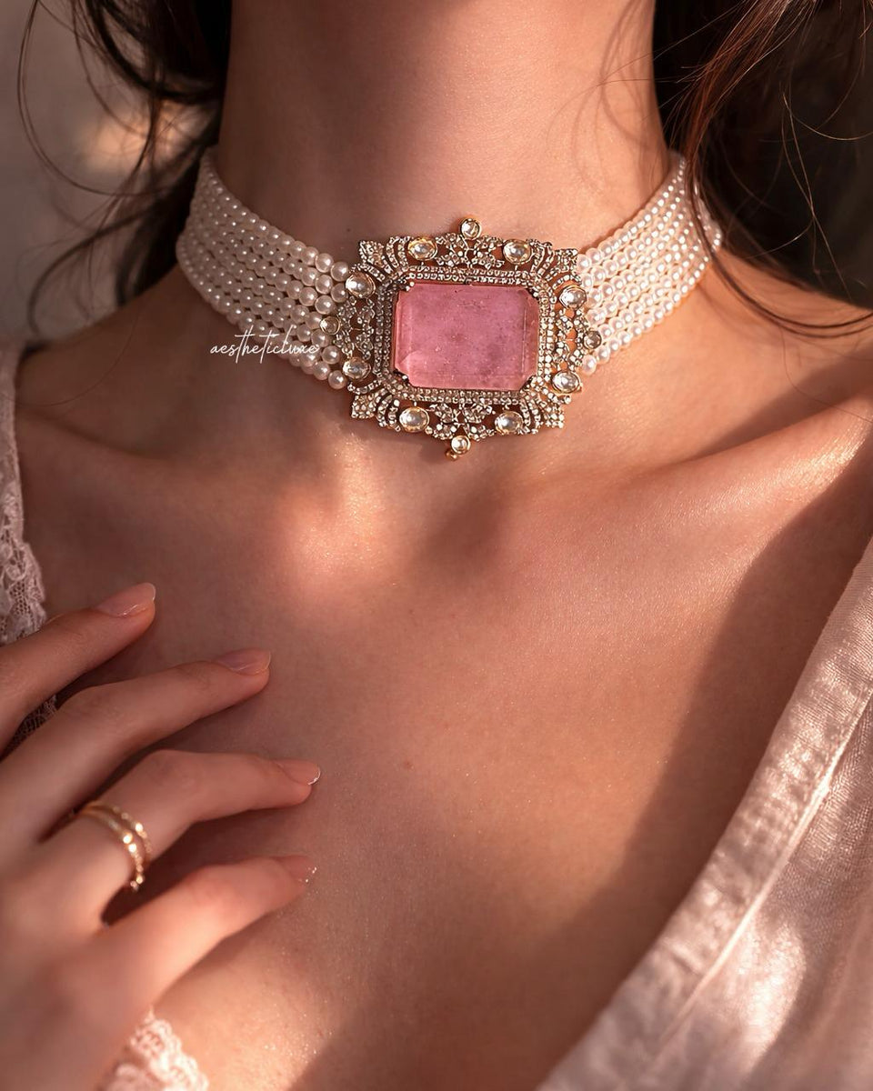 Tyaani Style Pink Doublet Stone Pearl Choker Set | Gold Plated Polki CZ Bridal Necklace with Earrings | Luxury Wedding Statement Jewelry