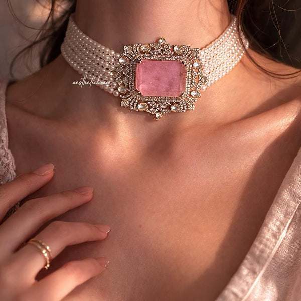 Tyaani Style Pink Doublet Stone Pearl Choker Set | Gold Plated Polki CZ Bridal Necklace with Earrings | Luxury Wedding Statement Jewelry