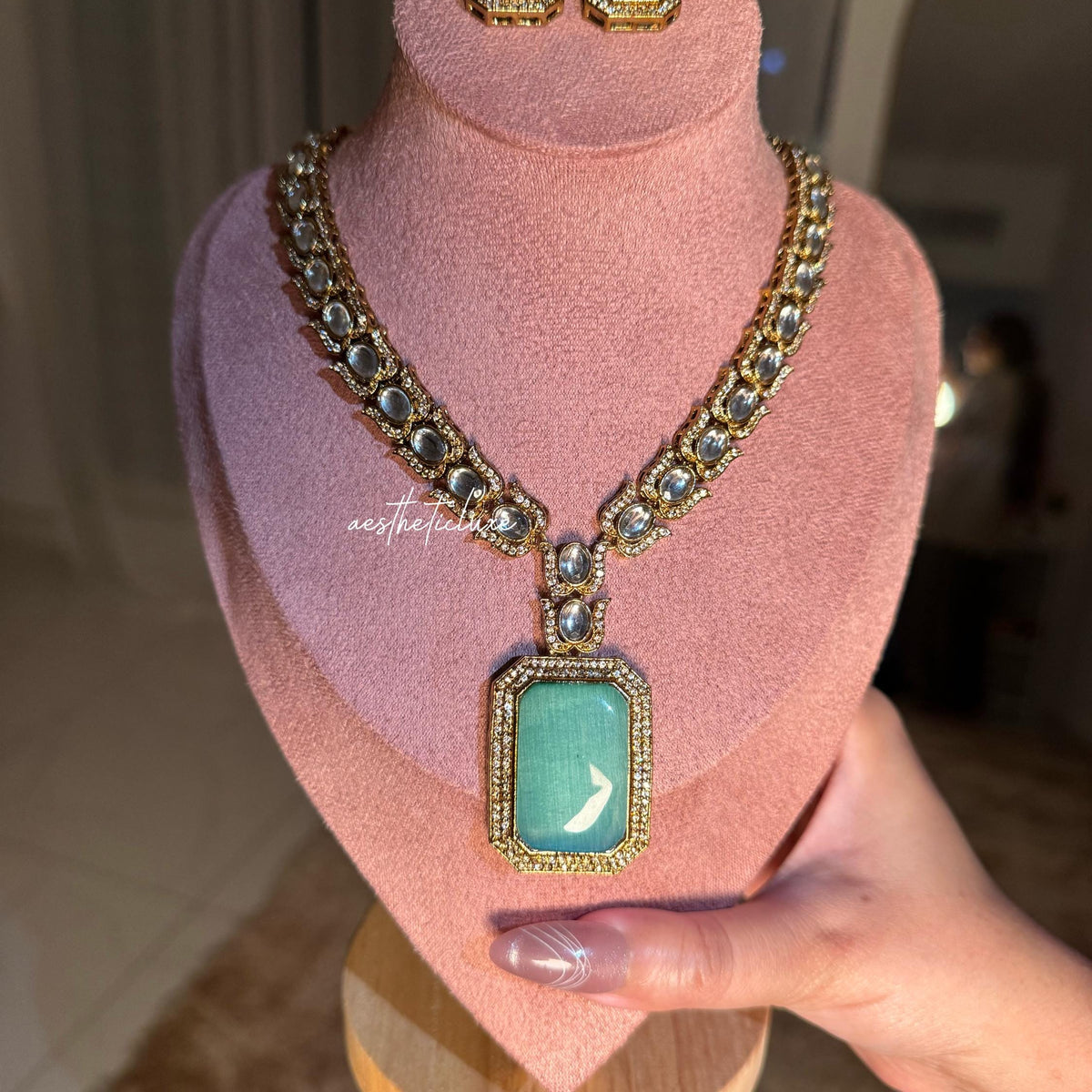 Green Emerald Doublet CZ Polki Kundan Necklace Set | 22K Gold Plated Bridal Jewelry Set