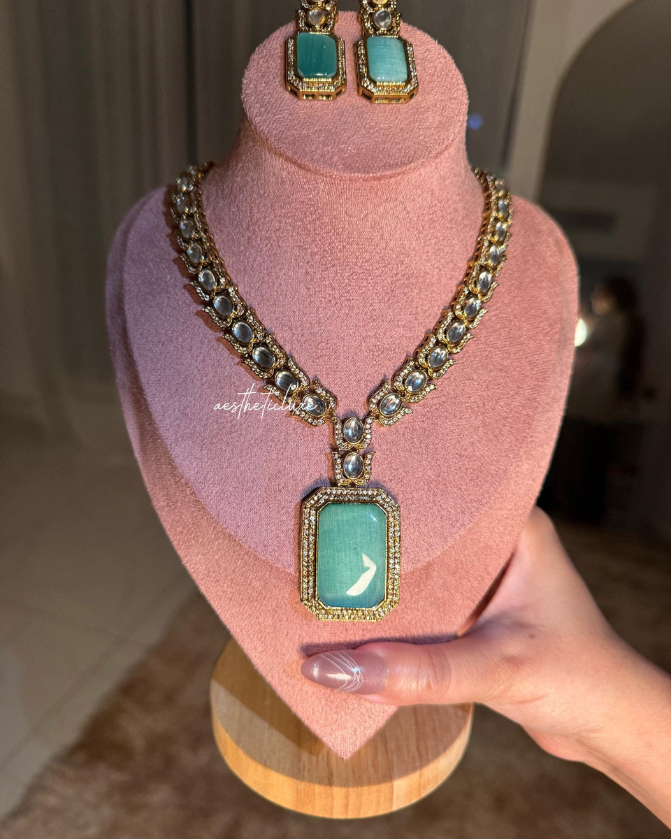 Green Emerald Doublet CZ Polki Kundan Necklace Set | 22K Gold Plated Bridal Jewelry Set