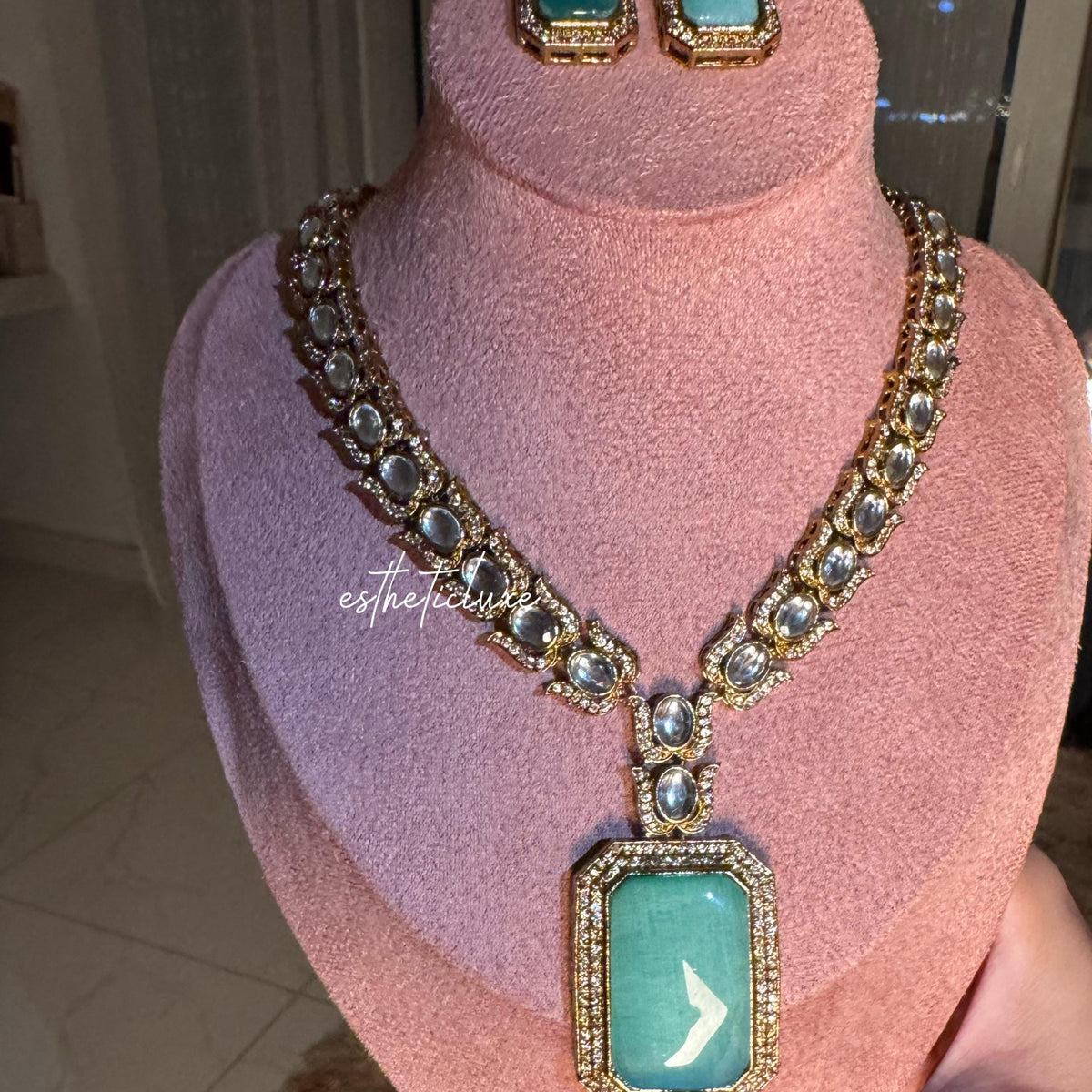 Green Emerald Doublet CZ Polki Kundan Necklace Set | 22K Gold Plated Bridal Jewelry Set