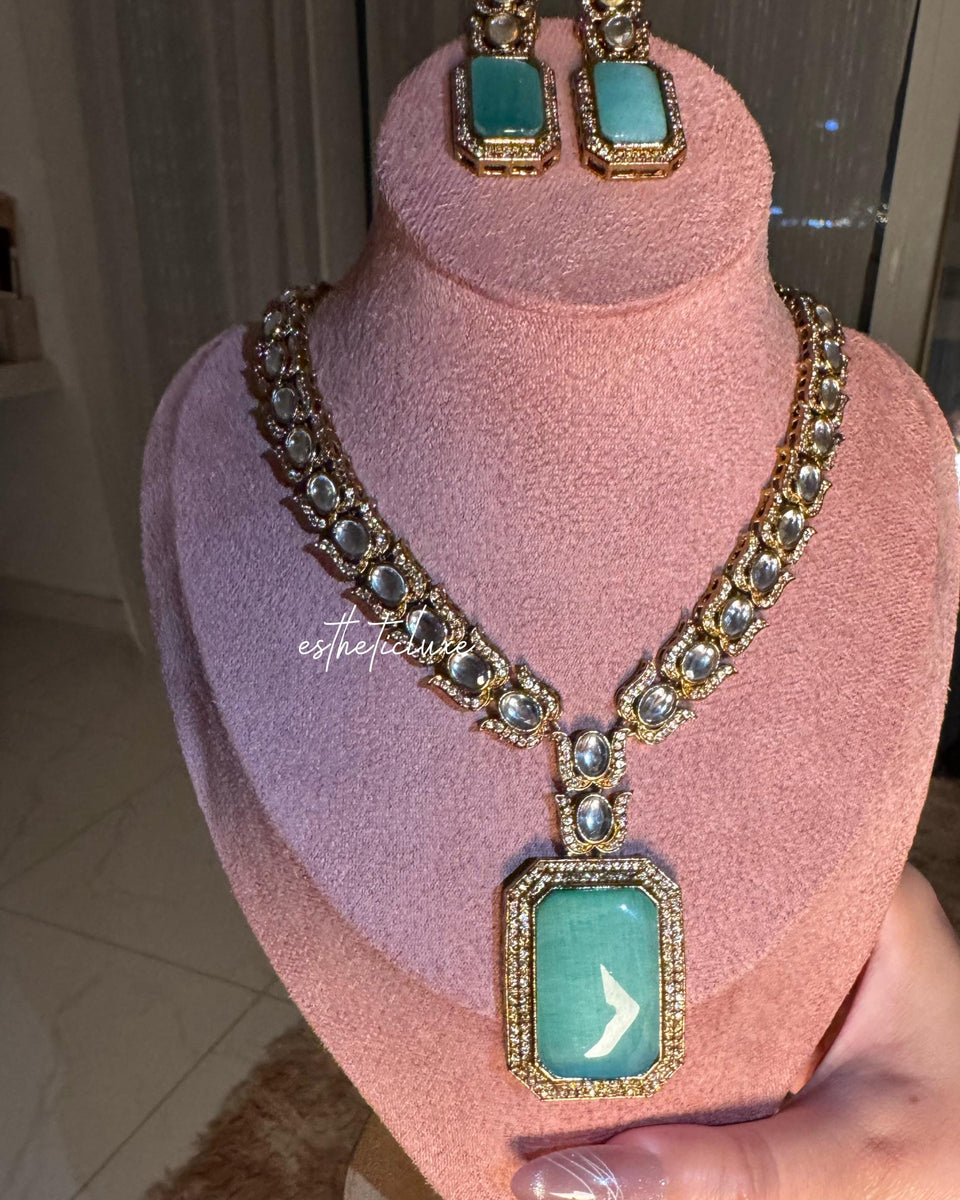 Green Emerald Doublet CZ Polki Kundan Necklace Set | 22K Gold Plated Bridal Jewelry Set