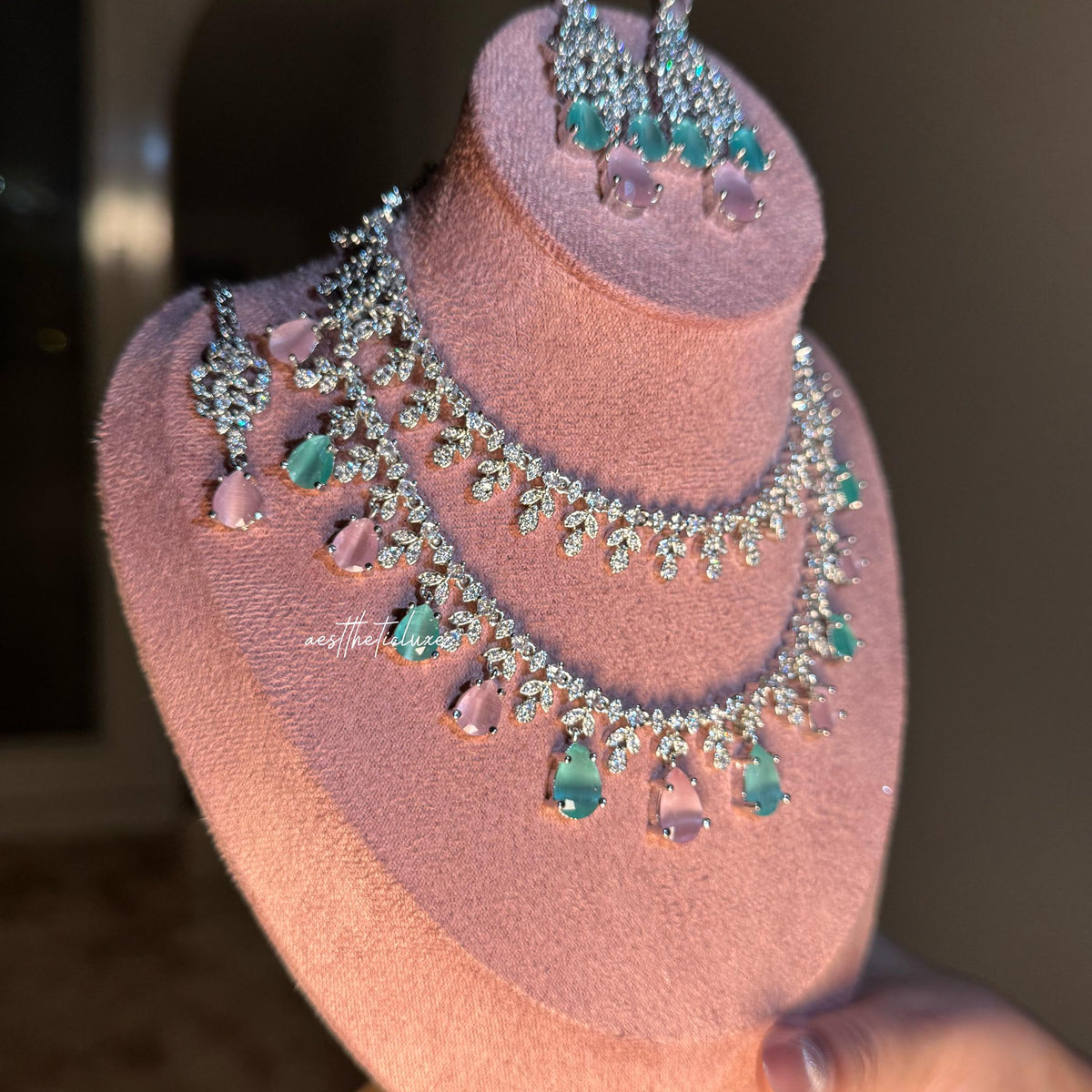 Tara Sutaria Inspired Pink Mint American Diamond Double Layer Necklace Set with Earrings and Tikka | CZ AD Pink Mint Bridal Wedding Set