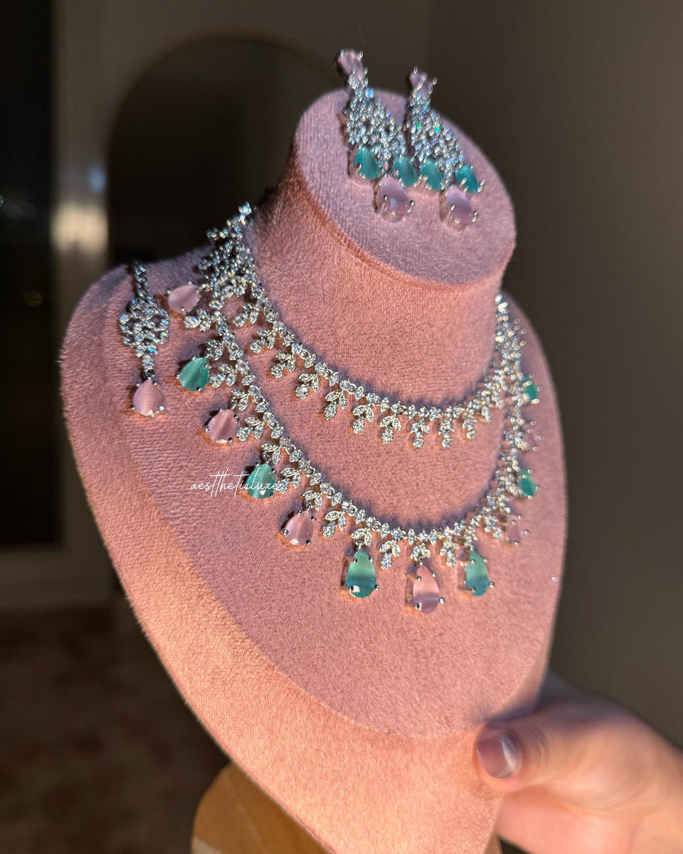 Tara Sutaria Inspired Pink Mint American Diamond Double Layer Necklace Set with Earrings and Tikka | CZ AD Pink Mint Bridal Wedding Set