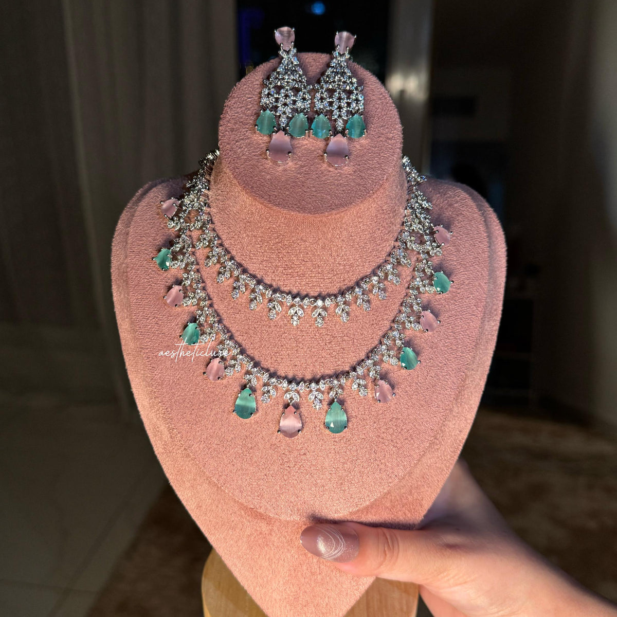 Tara Sutaria Inspired Pink Mint American Diamond Double Layer Necklace Set with Earrings and Tikka | CZ AD Pink Mint Bridal Wedding Set