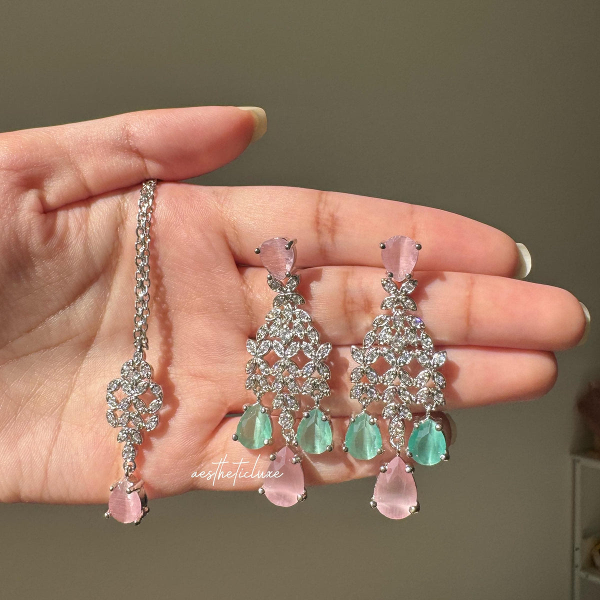Tara Sutaria Inspired Pink Mint American Diamond Double Layer Necklace Set with Earrings and Tikka | CZ AD Pink Mint Bridal Wedding Set