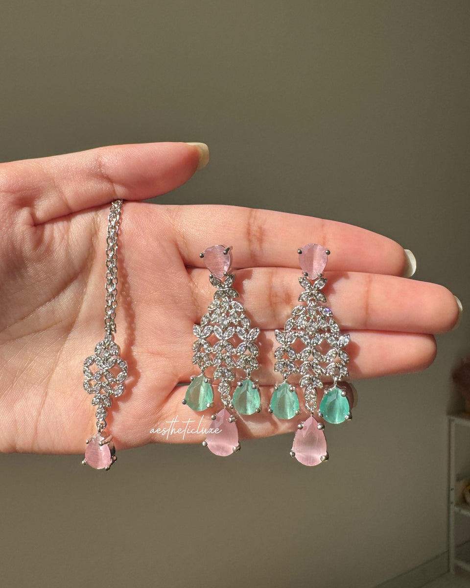 Tara Sutaria Inspired Pink Mint American Diamond Double Layer Necklace Set with Earrings and Tikka | CZ AD Pink Mint Bridal Wedding Set