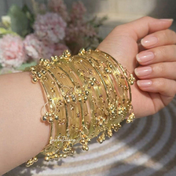 Raindrop Glass and Kashmiri Ghungroo Bangles Sets | Ghungroo Gold Bangles | 3 Set Glass Bridal Churiya |  Trending Raindrop Bangles