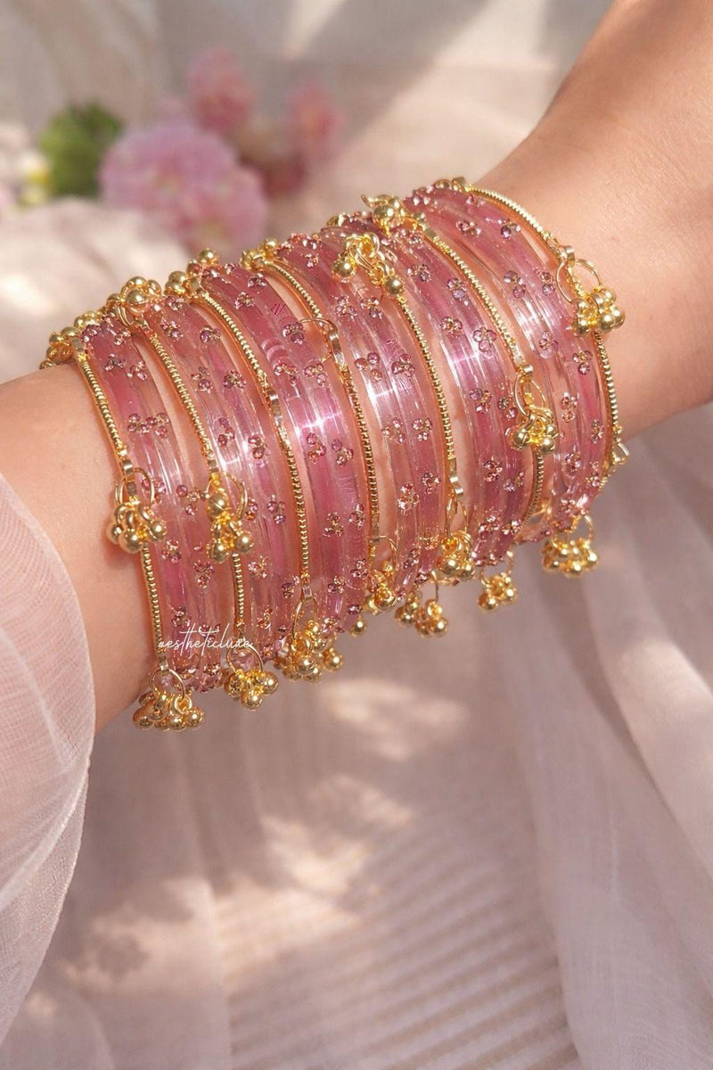 Raindrop Glass and Kashmiri Ghungroo Bangles Sets | Ghungroo Gold Bangles | 3 Set Glass Bridal Churiya |  Trending Raindrop Bangles