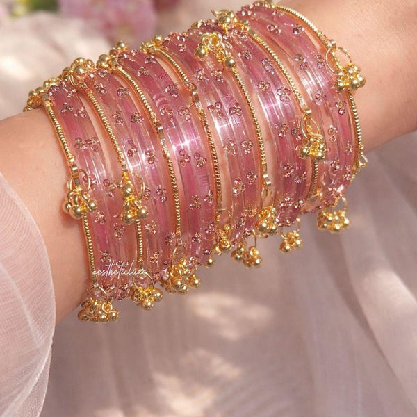 Raindrop Glass and Kashmiri Ghungroo Bangles Sets | Ghungroo Gold Bangles | 3 Set Glass Bridal Churiya |  Trending Raindrop Bangles