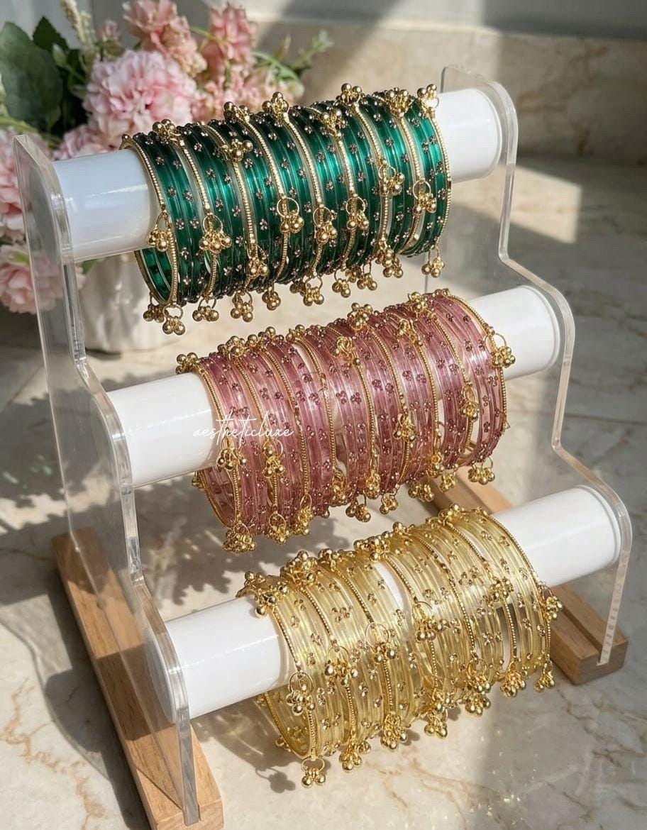 Raindrop Glass and Kashmiri Ghungroo Bangles Sets | Ghungroo Gold Bangles | 3 Set Glass Bridal Churiya |  Trending Raindrop Bangles