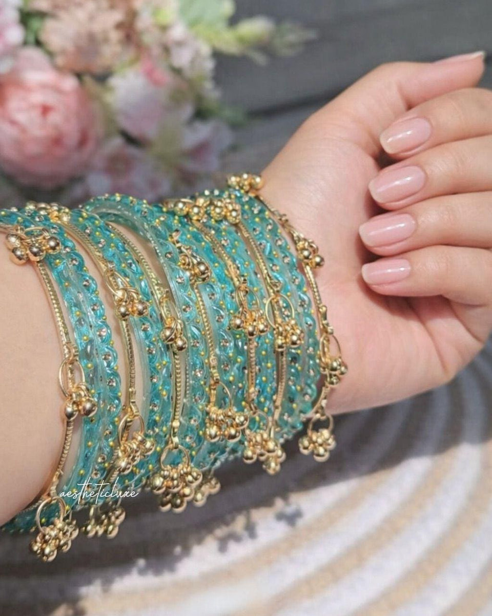 Turquoise Kashmiri Ghungroo Bangles Set | Ghungroo Gold Bangles | Aqua Blue Glass Bridal Churiya |  Trending Kashmiri Glass Bangles