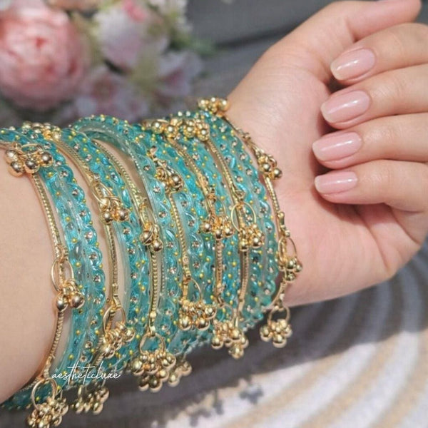 Turquoise Kashmiri Ghungroo Bangles Set | Ghungroo Gold Bangles | Aqua Blue Glass Bridal Churiya |  Trending Kashmiri Glass Bangles