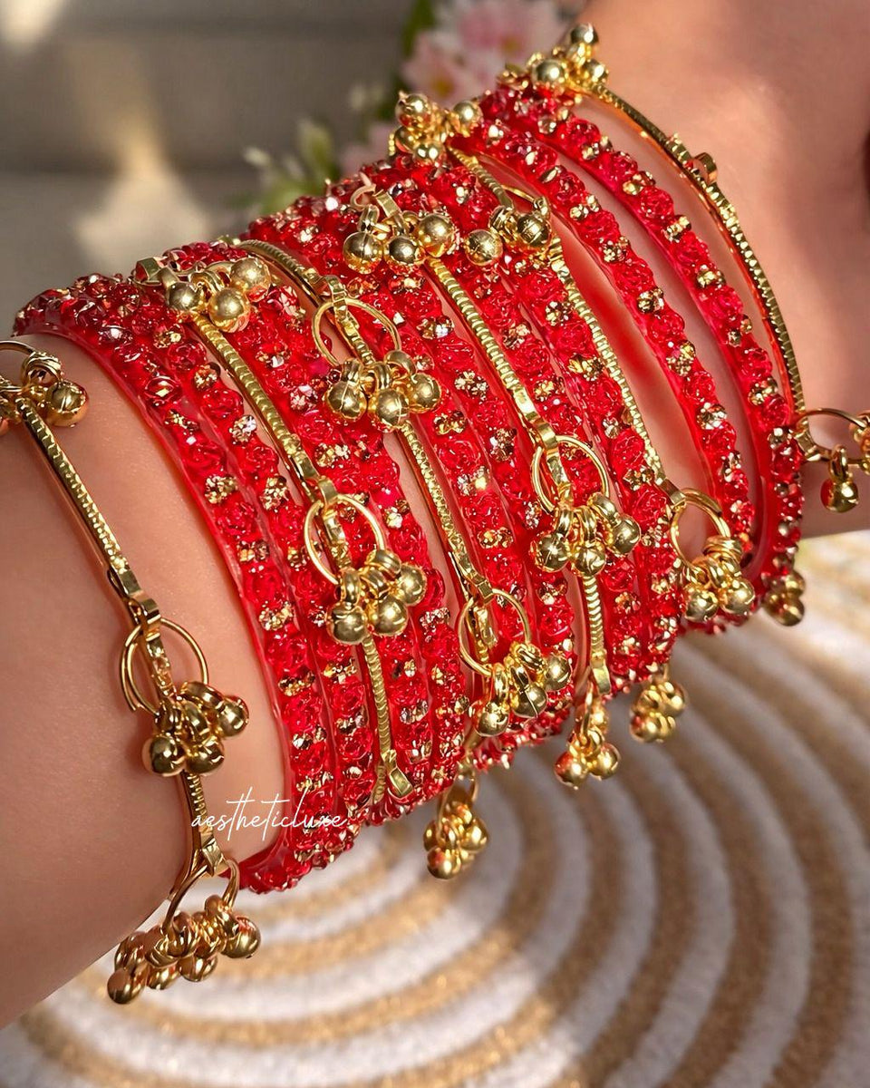 Red Kashmiri Ghungroo Bangles Set | Trending Bangles With Red Rose Pattern Detailing | Red Glass Bridal Churiya | Ghungroo Gold Bangles