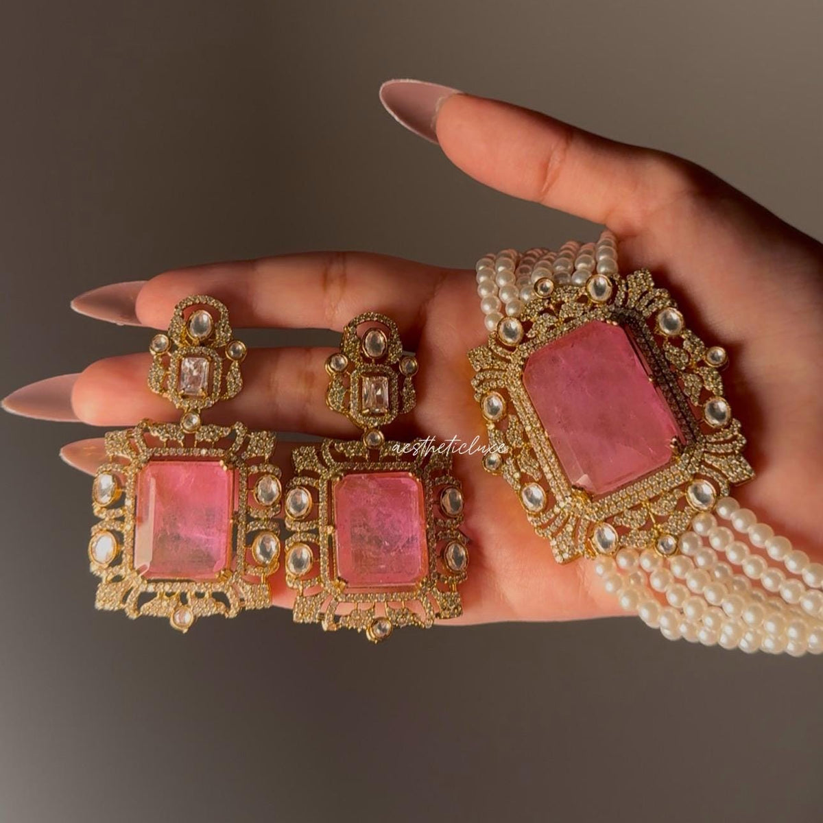 Tyaani Style Pink Doublet Stone Pearl Choker Set | Gold Plated Polki CZ Bridal Necklace with Earrings | Luxury Wedding Statement Jewelry