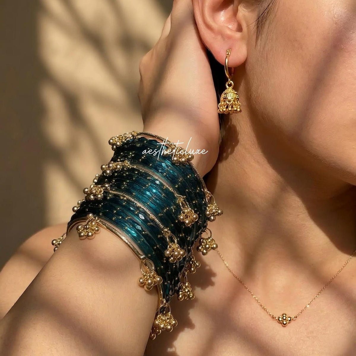 Blue Kashmiri Ghungroo Bangles Set with Mini Gold Plated Jhumkas | Bridal Glass Churiya | Raindrop Bangles | Indian Bridal Jewelry Set