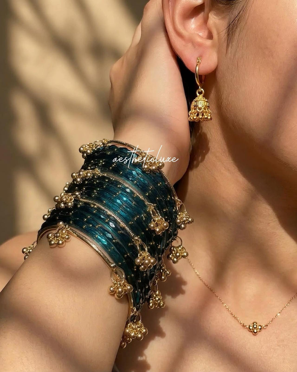 Blue Kashmiri Ghungroo Bangles Set with Mini Gold Plated Jhumkas | Bridal Glass Churiya | Raindrop Bangles | Indian Bridal Jewelry Set