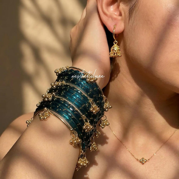 Blue Kashmiri Ghungroo Bangles Set with Mini Gold Plated Jhumkas | Bridal Glass Churiya | Raindrop Bangles | Indian Bridal Jewelry Set