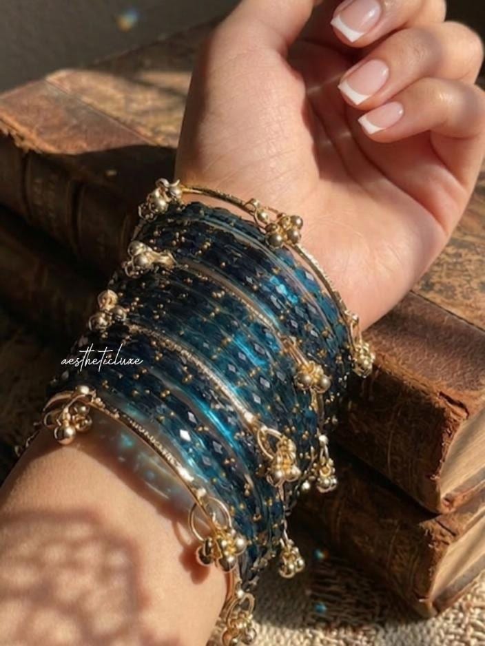 Blue Kashmiri Ghungroo Bangles Set with Mini Gold Plated Jhumkas | Bridal Glass Churiya | Raindrop Bangles | Indian Bridal Jewelry Set