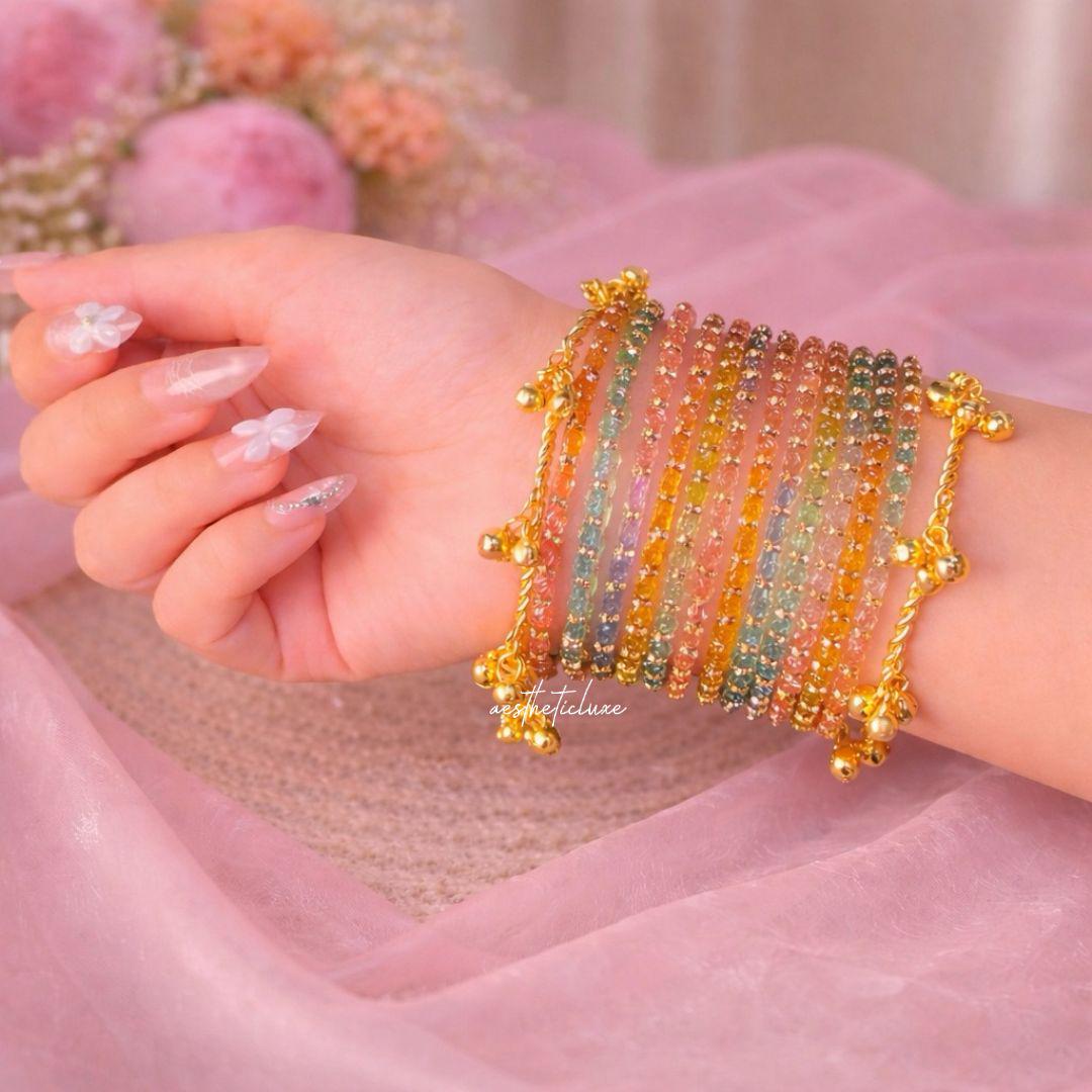 Rainbow Kashmiri Ghungroo Bangles Set | Ghungroo Gold Bangles |  Multicolor Glass Bridal Churiya | Trending Bangles With Rose Pattern