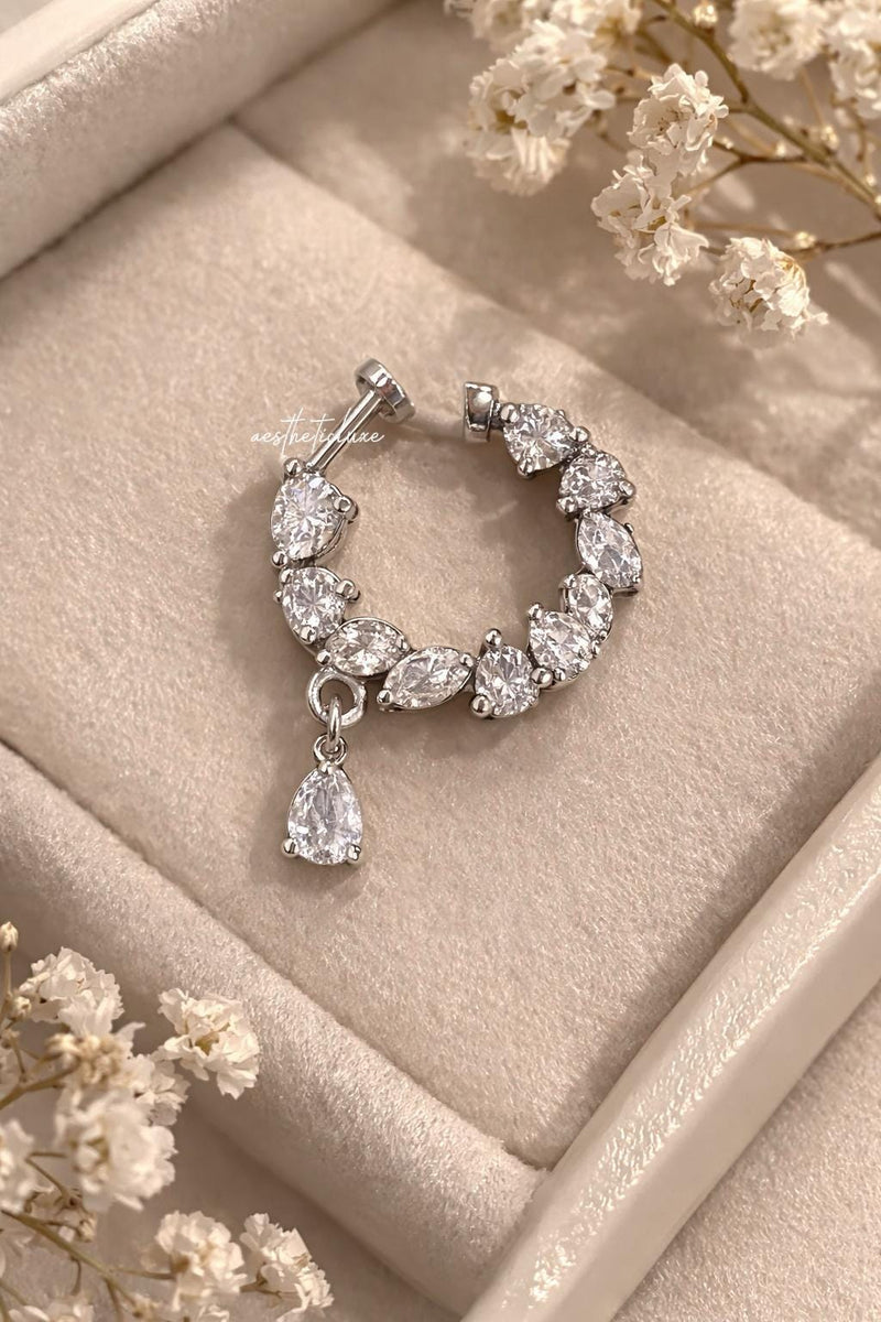 Teardrop AD CZ Nose Ring | Non Piercing Nose Ring | Indian Bridal Nath | Silver and Gold Plated Bridal Nose Ring | Minimal Elegant Nose Ring