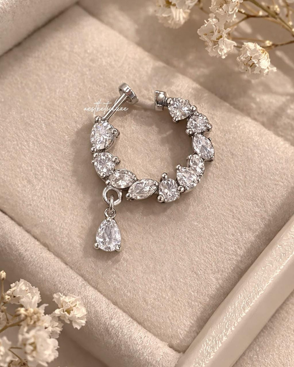 Teardrop AD CZ Nose Ring | Non Piercing Nose Ring | Indian Bridal Nath | Silver and Gold Plated Bridal Nose Ring | Minimal Elegant Nose Ring